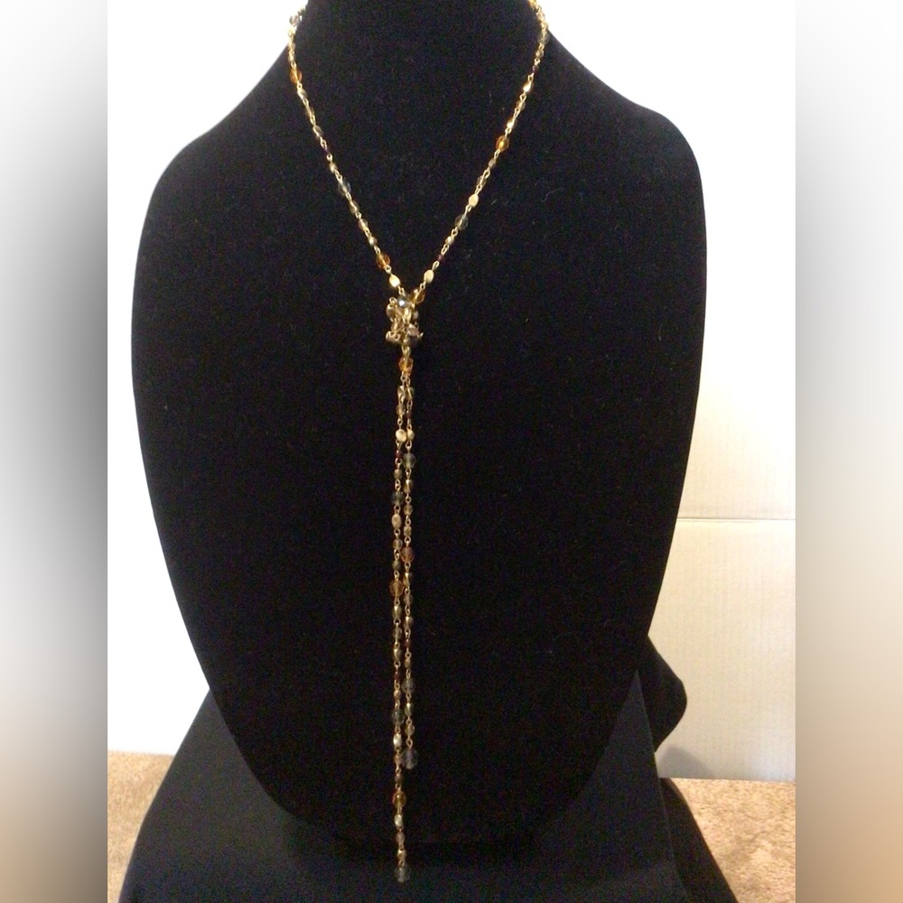 Gold Tone Lariat Necklace w Crystals